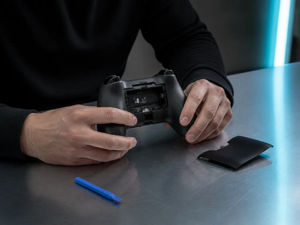 Photorealistic editorial photograph: person holding an unbranded handheld controller, opened back panel exposed, small p