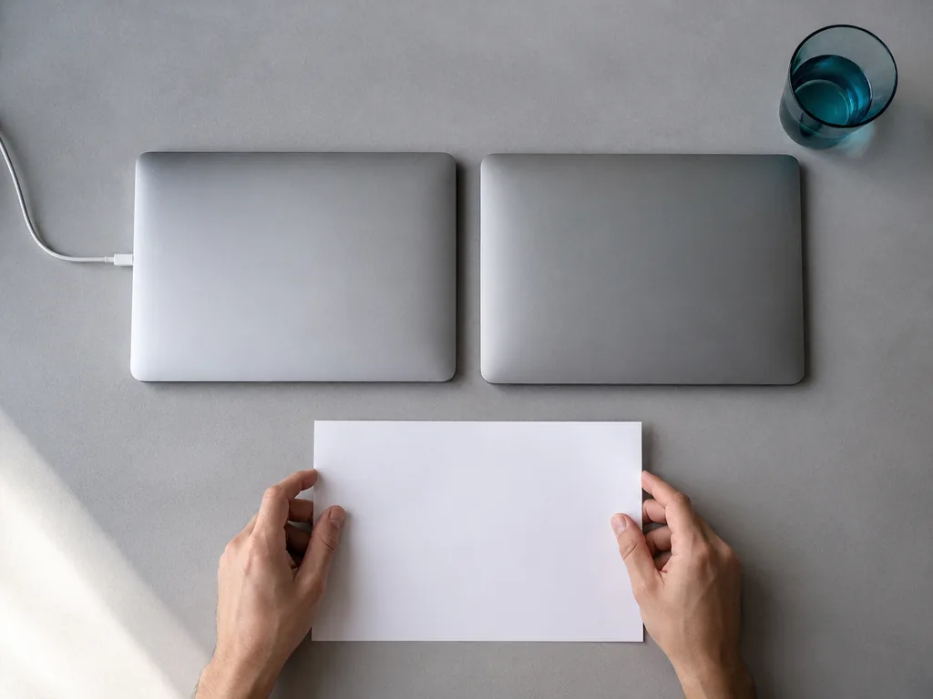 Photorealistic editorial photograph: top-down view of a clean desk with two plain aluminium devices side by side, one co