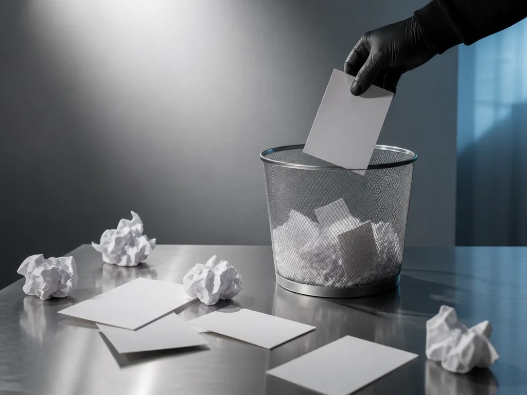 Photorealistic editorial photograph of crumpled blank paper cards scattered across a brushed aluminium desk, a gloved ha