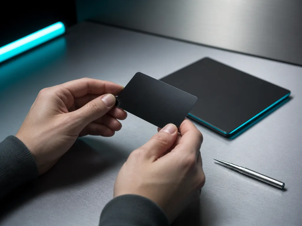 Photorealistic editorial photograph of a person's hands holding an unbranded plastic client card, tilted away from camer