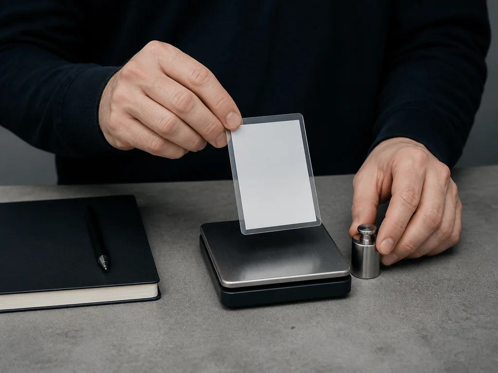 Photorealistic editorial photograph of a deckbuilder's hands weighing a blank polymer card sleeve against a small steel