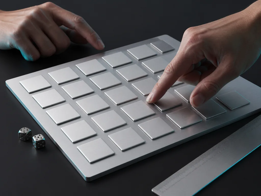 Photorealistic editorial photograph: two hands hover over a flat brushed aluminium grid with raised unmarked squares, on