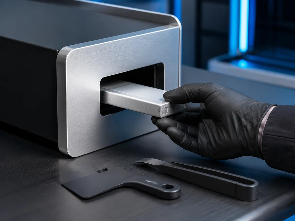 Photorealistic editorial photograph: a gloved hand inserting a blank aluminium cartridge into a brushed metal console, w