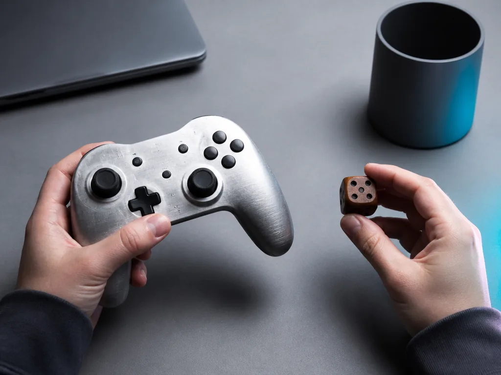 Photorealistic editorial photograph: two hands holding a worn, unbranded aluminium game controller and a polished wooden