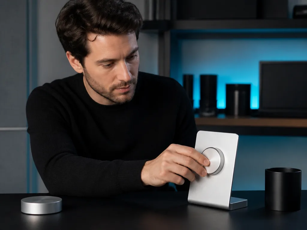 Photorealistic editorial photograph: a single person adjusting a blank analogue timer dial on a brushed aluminium stand,